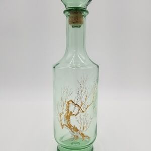 Vtg 1960's Green Glass Liquor Alcohol  Bottle/Decanter Gold Tree White Blossom